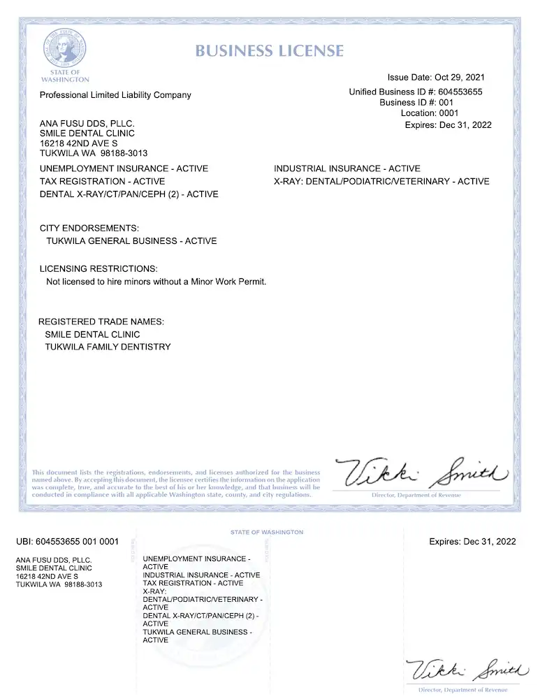 Smile Dental Clinic: Business License 773x1000 Dentist Dr. Ana Fusu Dr. Fusu