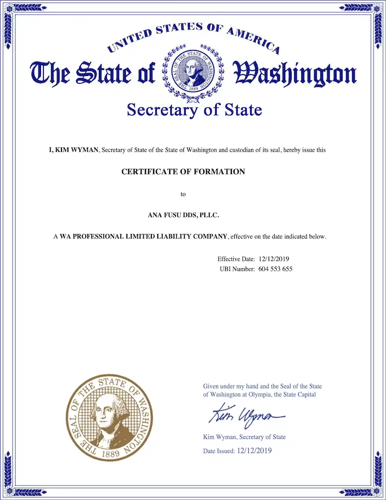 Smile Dental Clinic: Ana Fusu DDS, PLLC, Certificate of Formation 773x1000 Dentist Dr. Ana Fusu Dr. Fusu