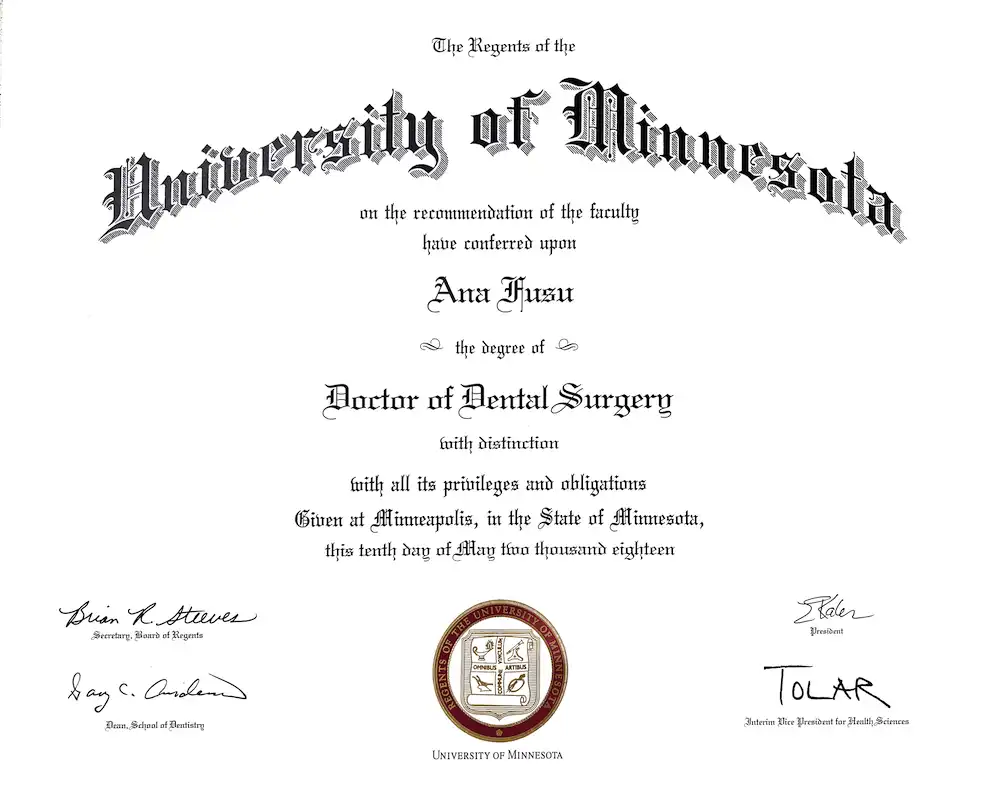 Smile Dental Clinic: Dr. Ana Fusu, DDS Diploma 1000x804 Dentist Dr. Ana Fusu Dr. Fusu